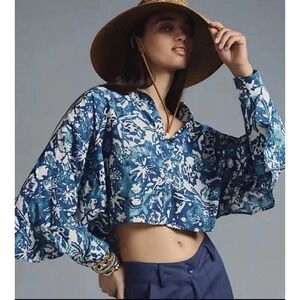 Pilcro Blue Abstract Botanical Cropped Oversized Boho Button Coastal Shirt L